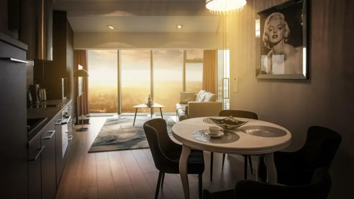 Salon z panoramicznymi oknami - apartament Executive Suite, In The Sky Apartments w Sky Tower