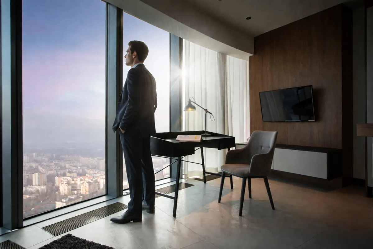 Host v obleku u pracovního stolu v apartmánu In The Sky, panorama města za oknem