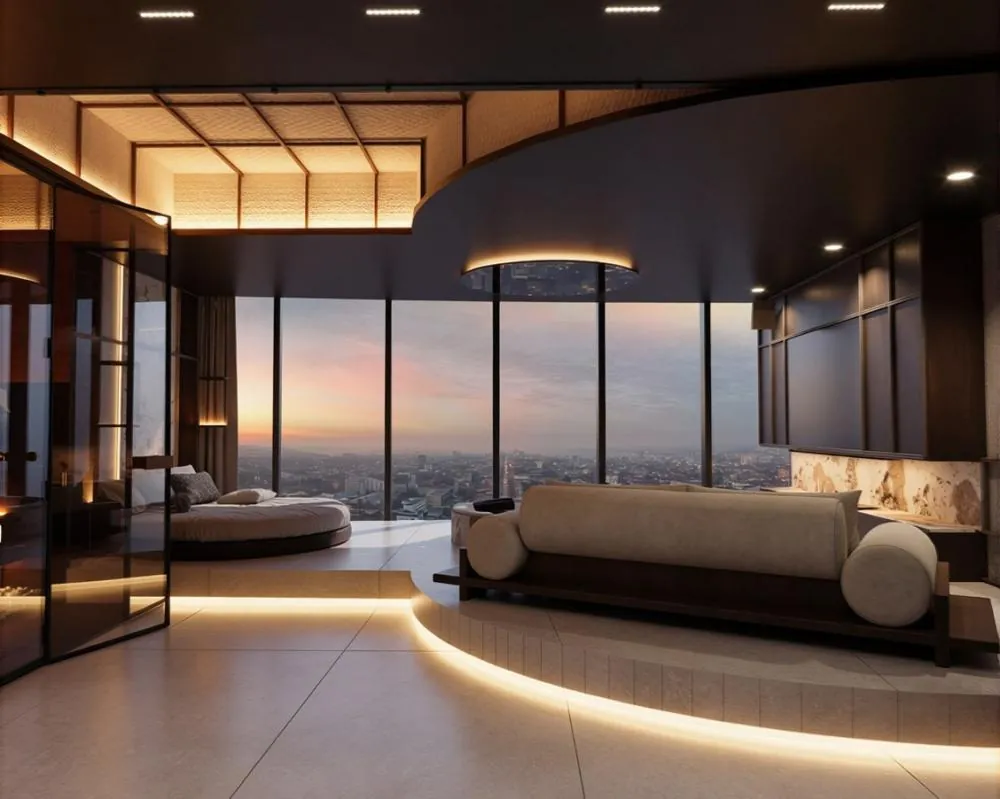 Ložnice apartmánu In The Sky s panoramatem Vratislavi při západu slunce