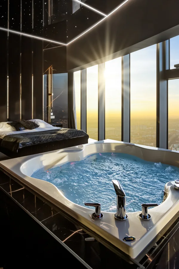Apartament Deluxe: jacuzzi z widokiem na Wrocław o zachodzie słońca